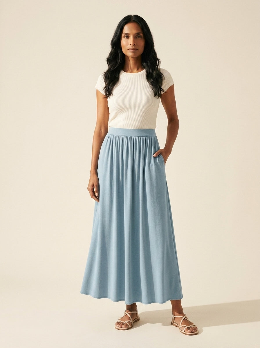 Soft Linen Knit Maxi Skirt with Pockets | Gathered A-Line Style — Blue Petal