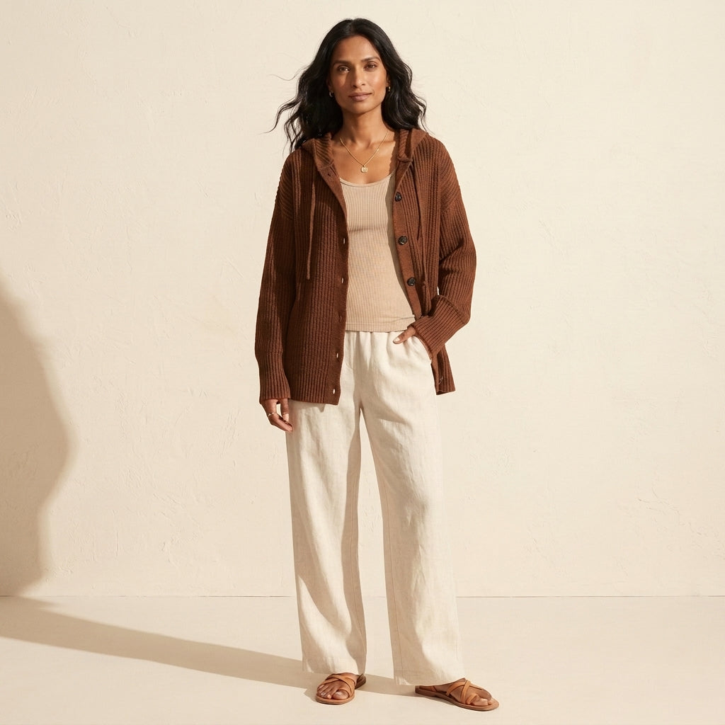 Women's Puffer Knit Cardigan - Warm Button-Down Sweater — Brown
