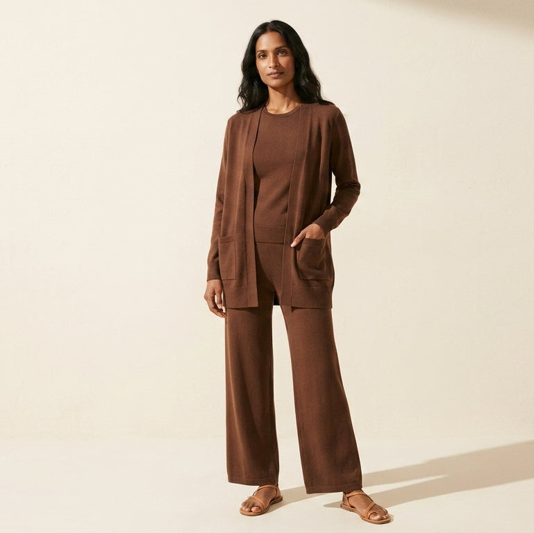Women's 3-Piece Pant Set: Vest, Top & Wide-Leg Pants — Brown