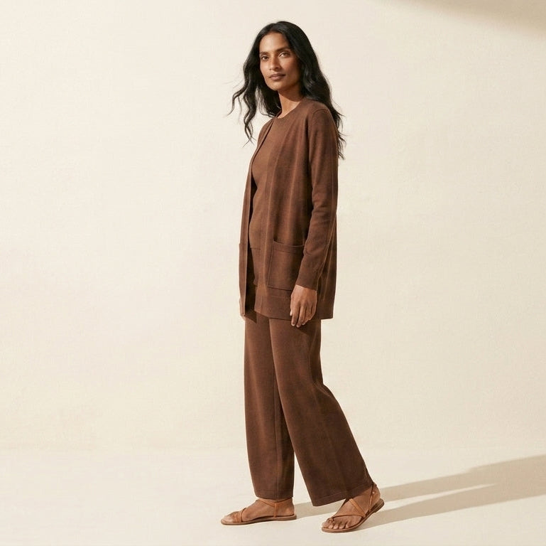 Women's 3-Piece Pant Set: Vest, Top & Wide-Leg Pants — Brown