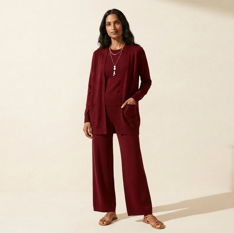 Women's 3-Piece Pant Set: Vest, Top & Wide-Leg Pants — Burgundy