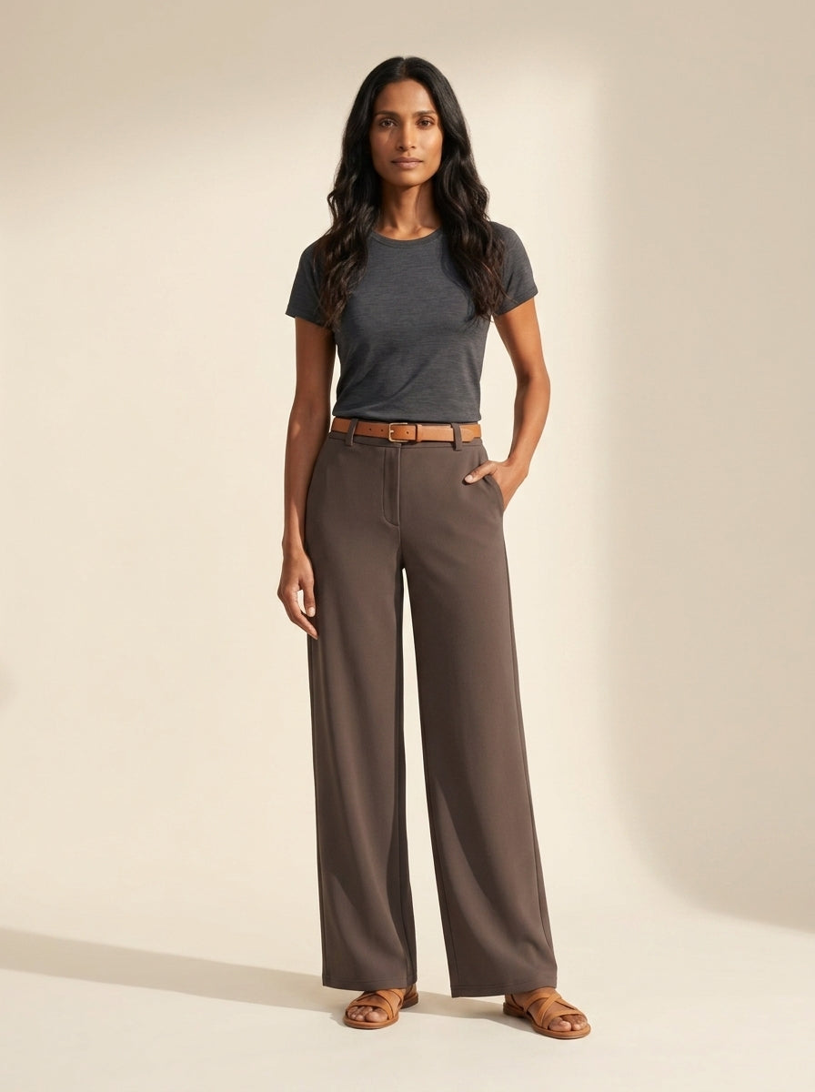 Women's Stretchy Mid-Rise Wide Leg Trousers | Versatile Pants — Cedar Brown