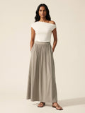 Soft Linen Knit Maxi Skirt with Pockets | Gathered A-Line Style — Dark Alabaster