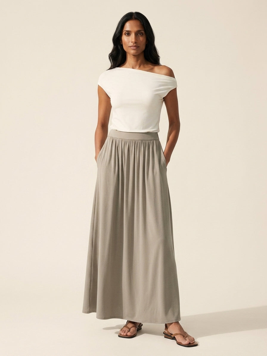 Soft Linen Knit Maxi Skirt with Pockets | Gathered A-Line Style — Dark Alabaster