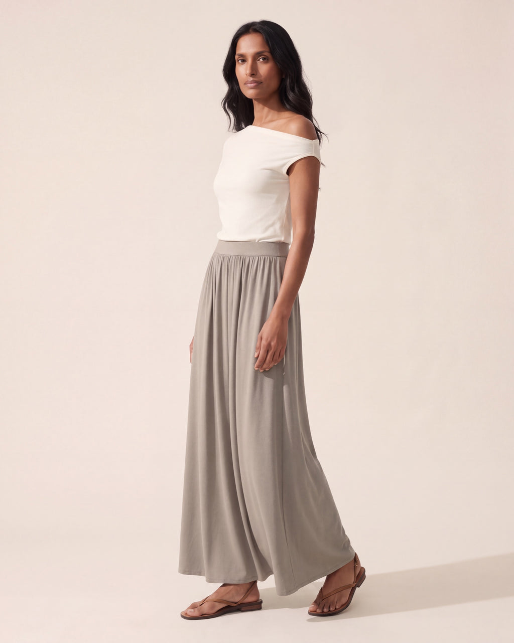 Soft Linen Knit Maxi Skirt with Pockets | Gathered A-Line Style — Dark Alabaster