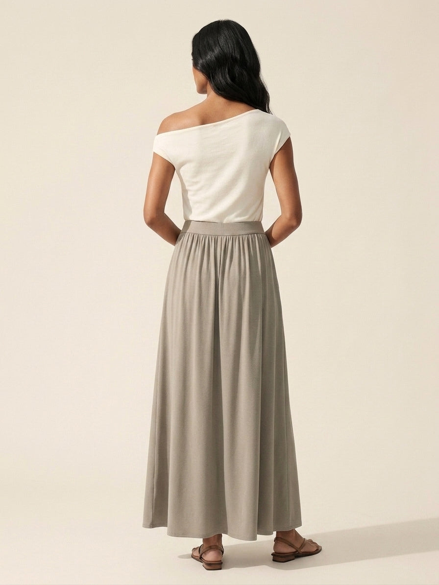 Soft Linen Knit Maxi Skirt with Pockets | Gathered A-Line Style — Dark Alabaster
