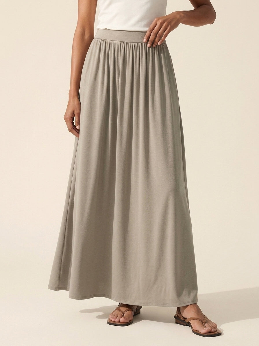 Soft Linen Knit Maxi Skirt with Pockets | Gathered A-Line Style — Dark Alabaster