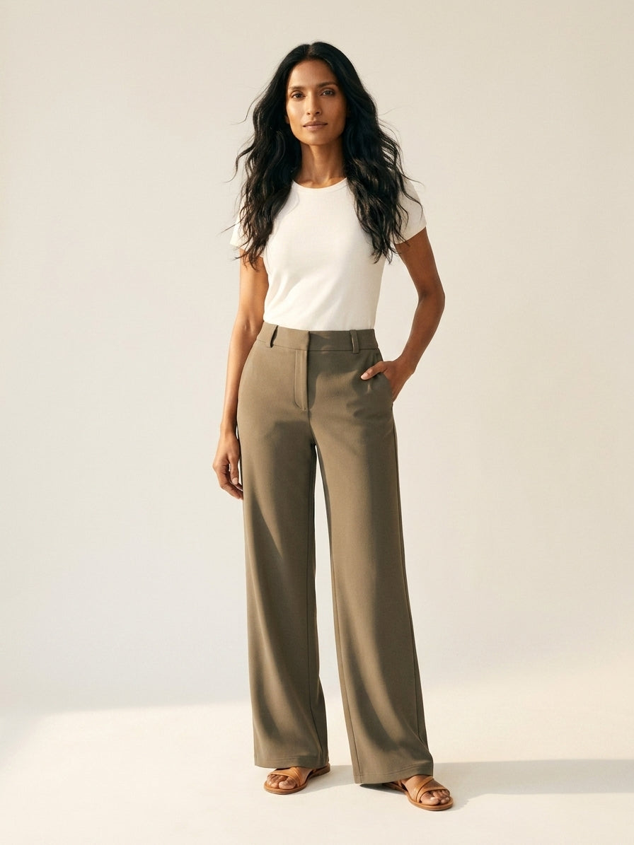 Women's Stretchy Mid-Rise Wide Leg Trousers | Versatile Pants — Deep Dry Olive