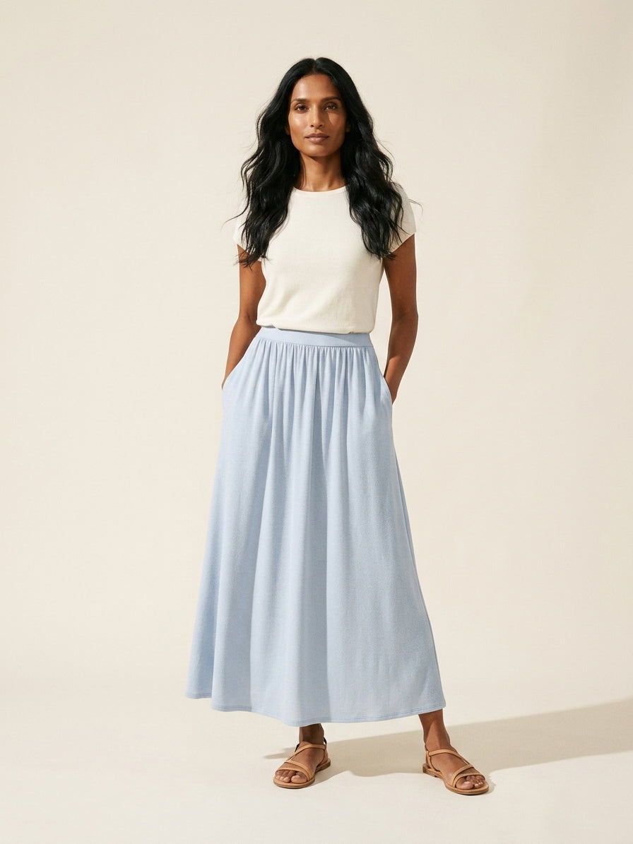 Soft Linen Knit Maxi Skirt with Pockets | Gathered A-Line Style — Dew Sky
