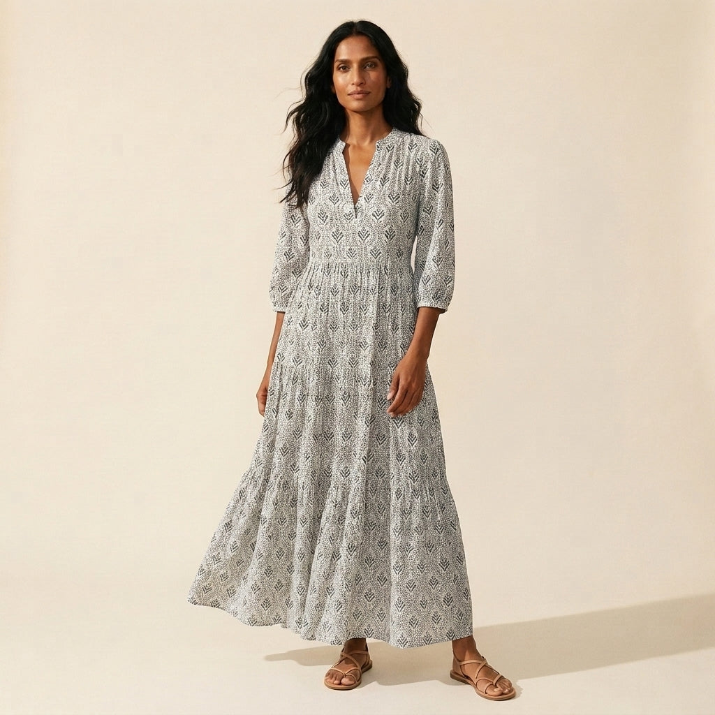 Women's Vintage Print Cotton Maxi Dress - Lightweight & Flowy — Gray