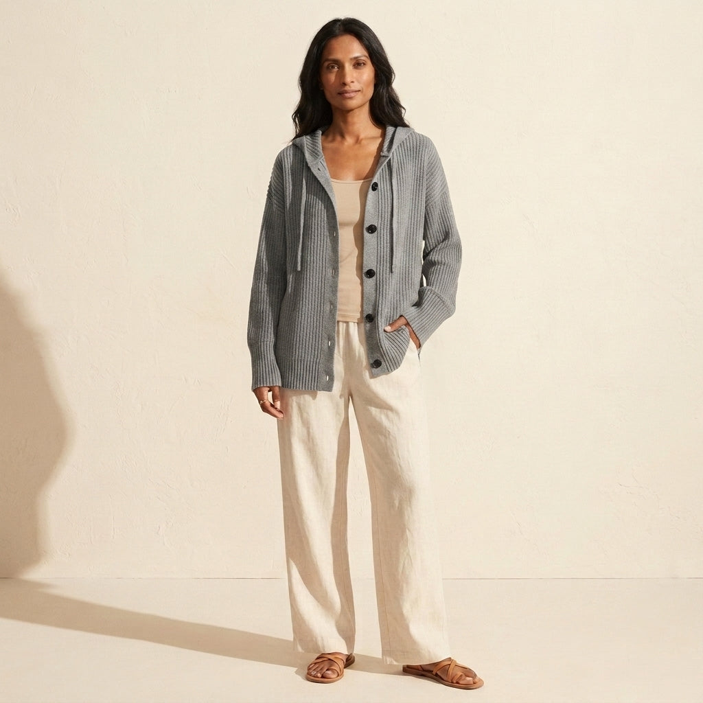 Women's Puffer Knit Cardigan - Warm Button-Down Sweater — Gray