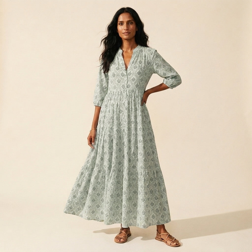 Women's Vintage Print Cotton Maxi Dress - Lightweight & Flowy — Green