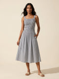 Women's Striped Poplin Smocked Midi Dress | Built-in Bra — Grey/White Stripe