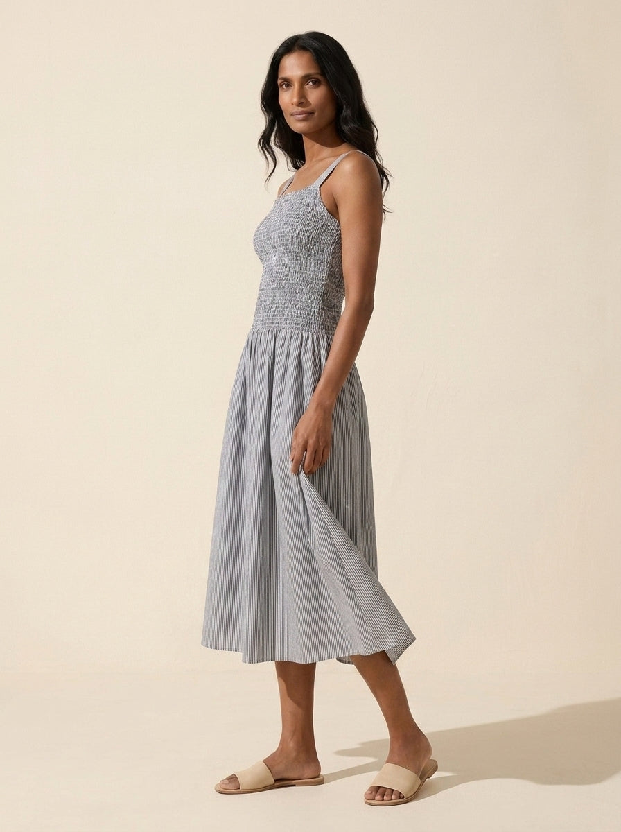 Women's Striped Poplin Smocked Midi Dress | Built-in Bra — Grey/White Stripe