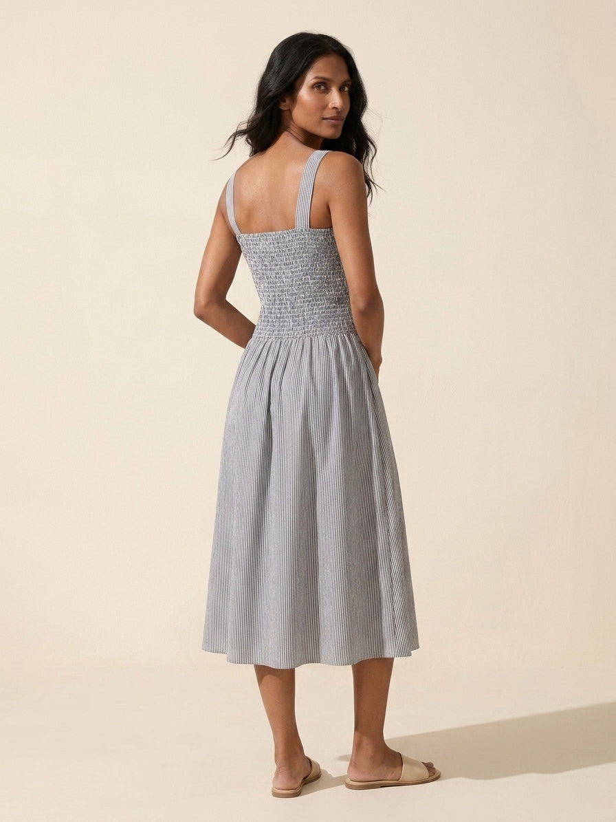 Women's Striped Poplin Smocked Midi Dress | Built-in Bra — Grey/White Stripe
