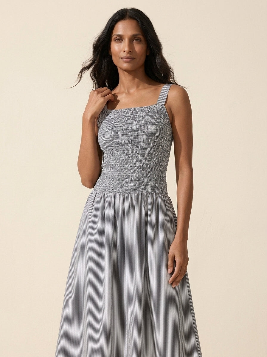 Women's Striped Poplin Smocked Midi Dress | Built-in Bra — Grey/White Stripe