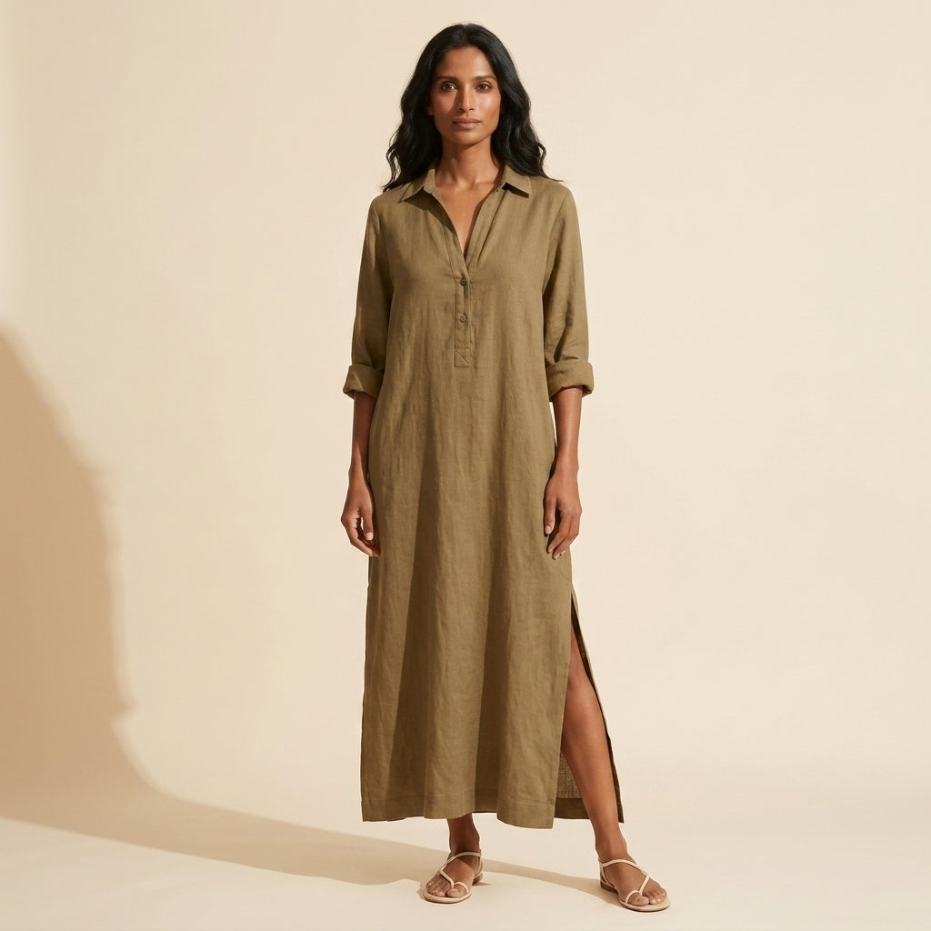 Women's Cotton Long Shirt Dress - Relaxed Maxi Fit — Khaki