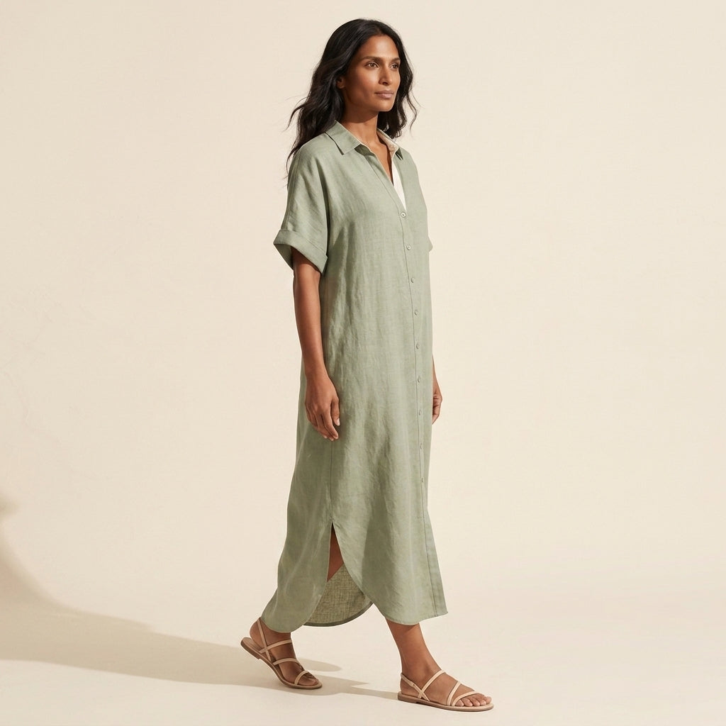 Effortless Linen Blend Maxi Shirt Dress | Summer Sundress — Khaki