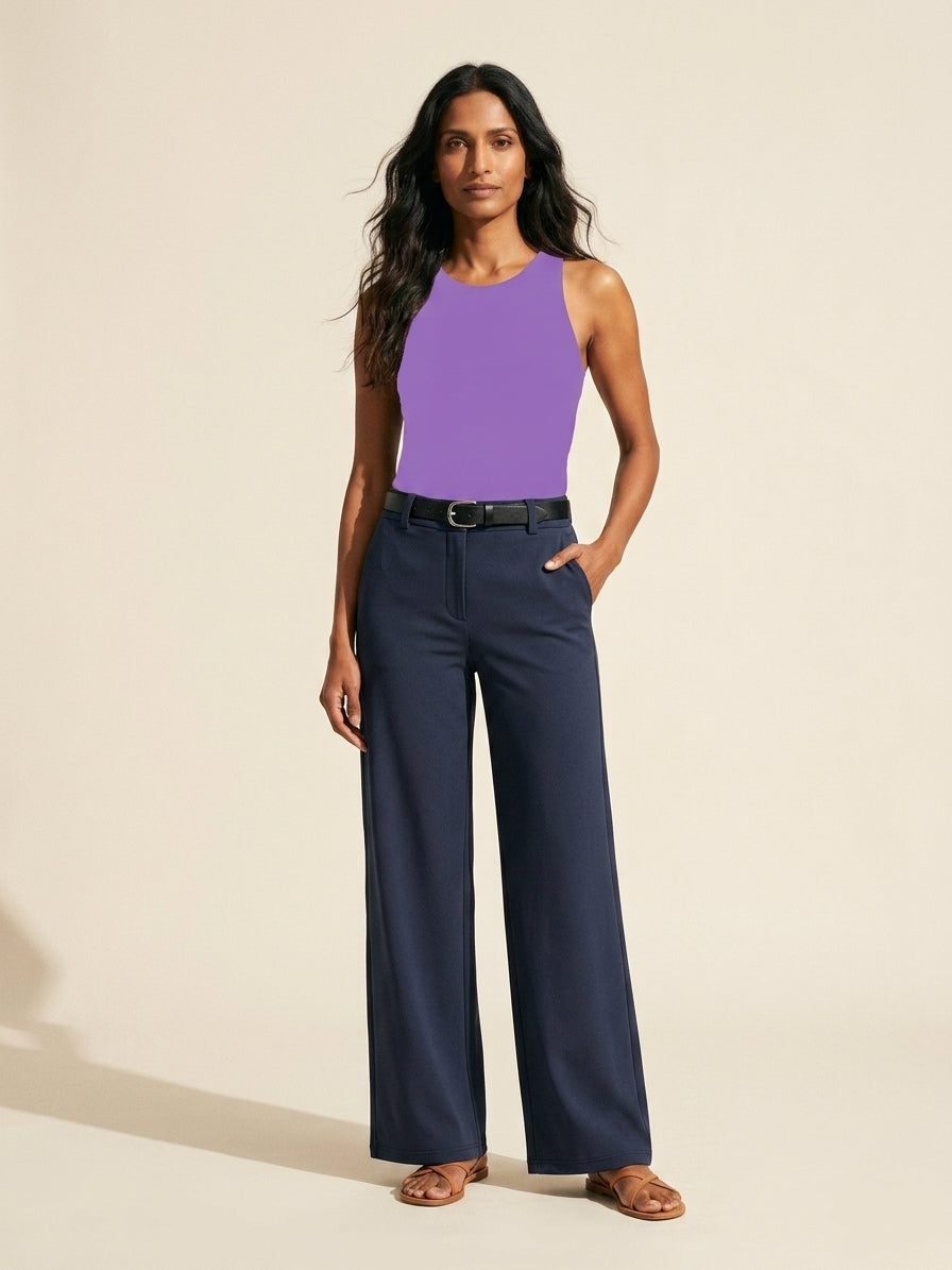 Women's Stretchy Mid-Rise Wide Leg Trousers | Versatile Pants — Light Navy