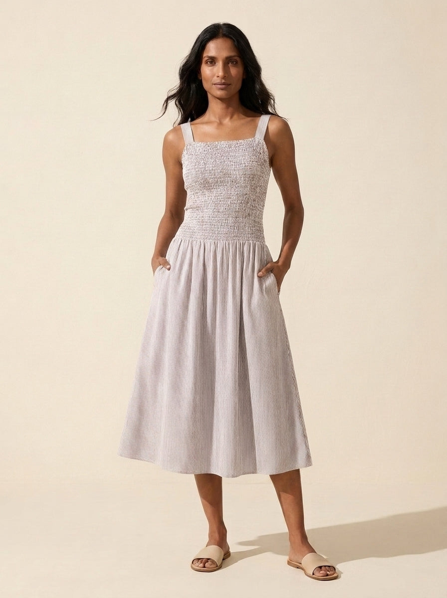 Women's Striped Poplin Smocked Midi Dress | Built-in Bra — Light Pink/White Stripe