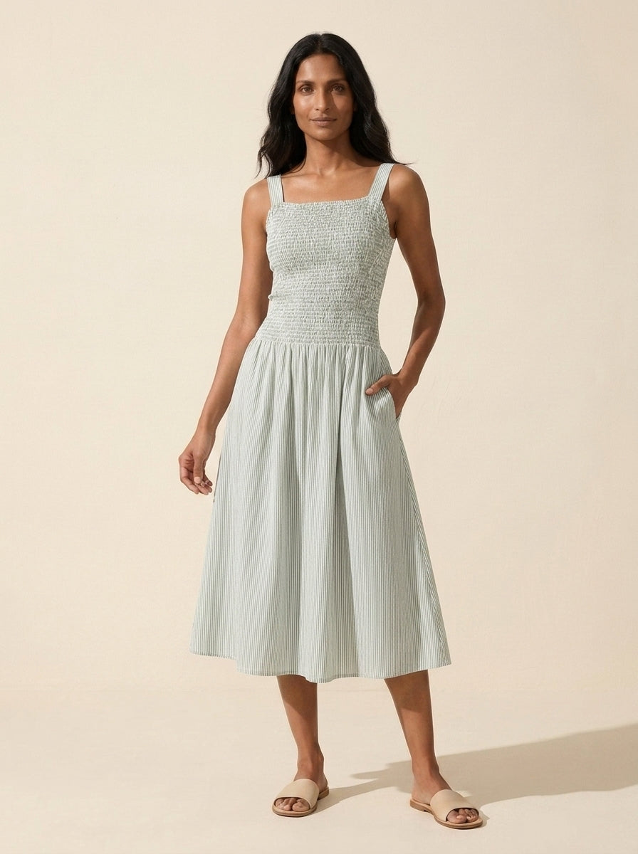 Women's Striped Poplin Smocked Midi Dress | Built-in Bra — Mizzle Green/White Stripe
