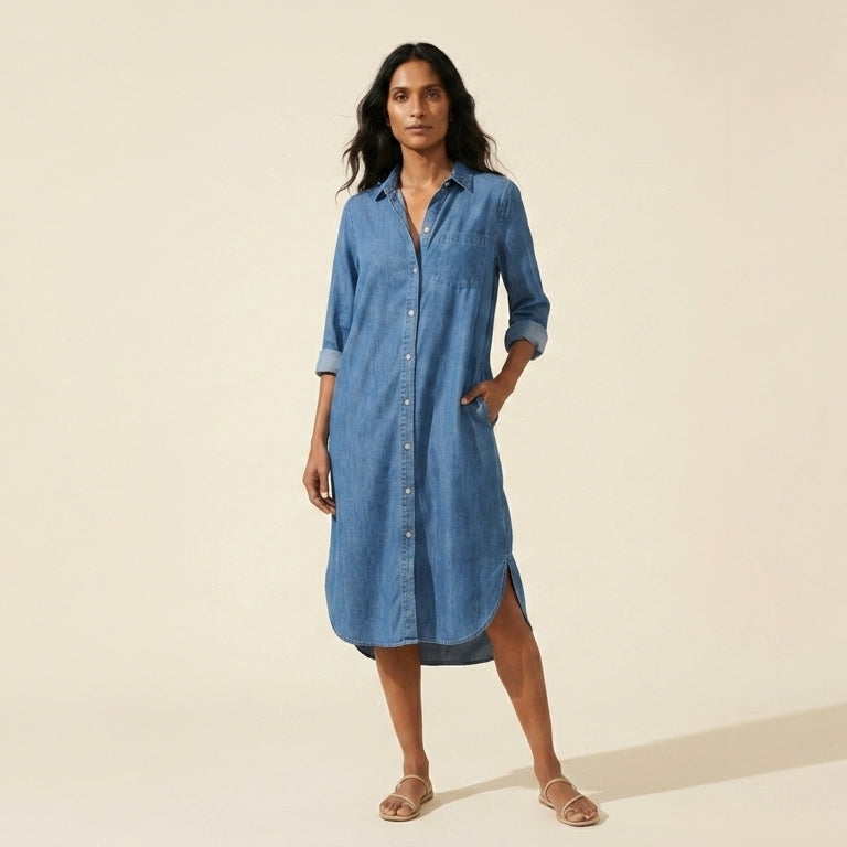 Casual Denim Shirt Dress for Women | Comfortable Midi Fit — Navy Blue