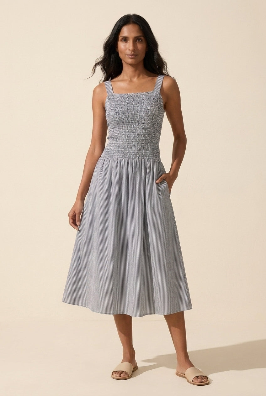 Women's Striped Poplin Smocked Midi Dress | Built-in Bra — Navy/White Stripe