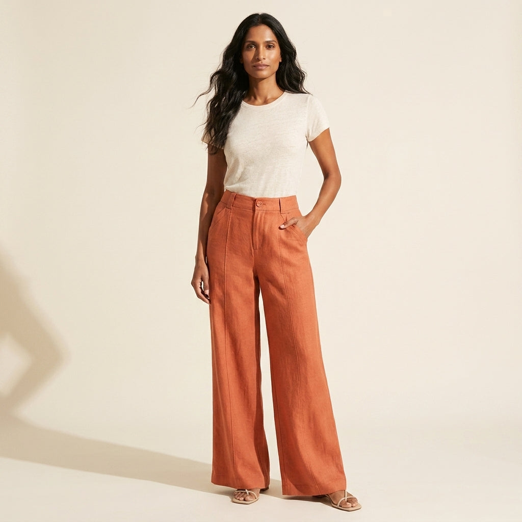 Women's Cotton Linen Wide Leg Pants - Relaxed Fit Trousers — Orange