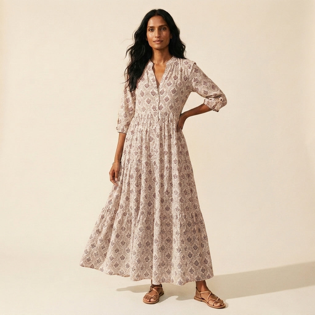 Women's Vintage Print Cotton Maxi Dress - Lightweight & Flowy — Pink