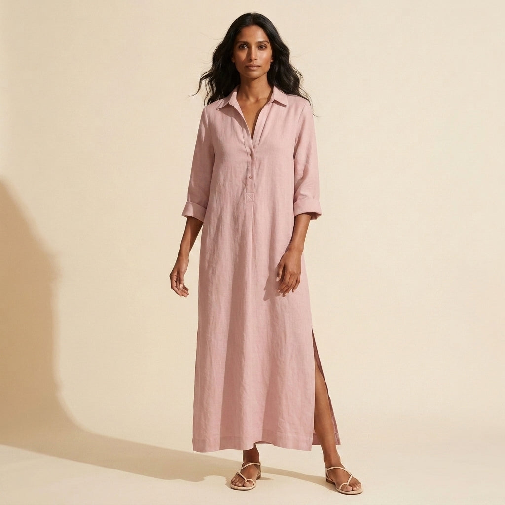 Women's Cotton Long Shirt Dress - Relaxed Maxi Fit — Pink
