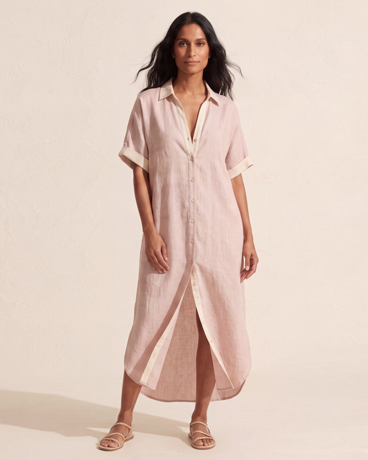 Effortless Linen Blend Maxi Shirt Dress | Summer Sundress — Pink