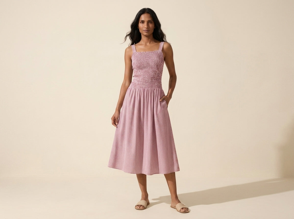 Women's Striped Poplin Smocked Midi Dress | Built-in Bra — Pink/White Stripe