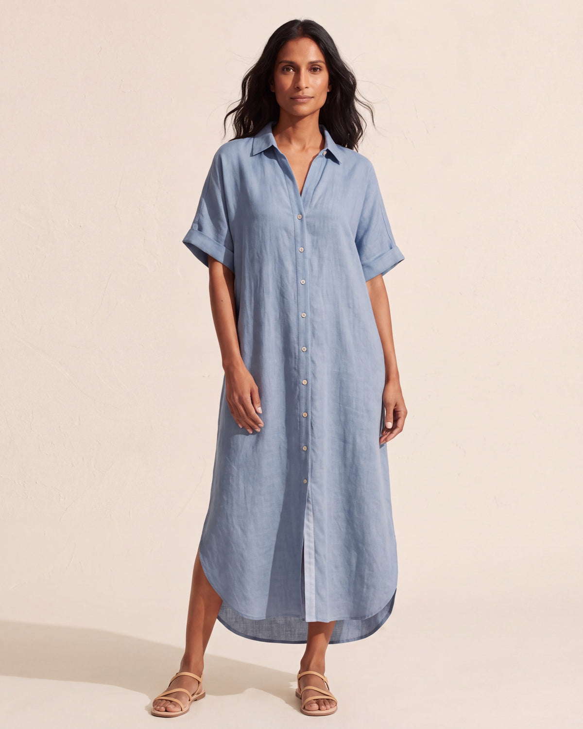 Effortless Linen Blend Maxi Shirt Dress | Summer Sundress — Sky Blue