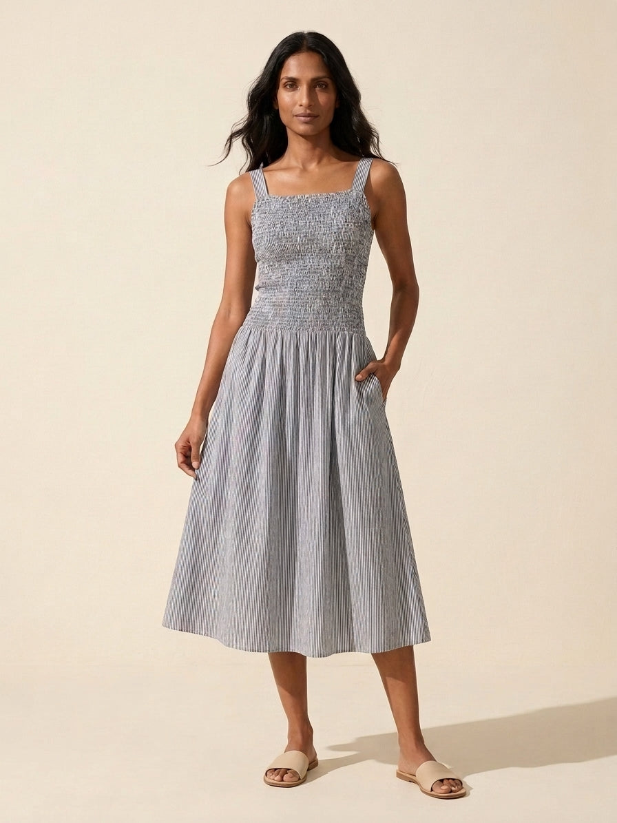 Women's Striped Poplin Smocked Midi Dress | Built-in Bra — Sky Blue/White Stripe
