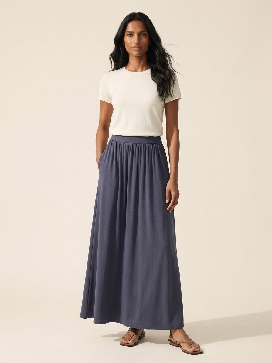 Soft Linen Knit Maxi Skirt with Pockets | Gathered A-Line Style — Smoky Navy