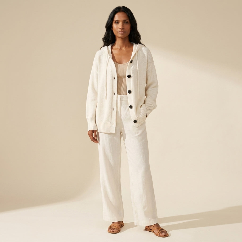 Women's Puffer Knit Cardigan - Warm Button-Down Sweater — White