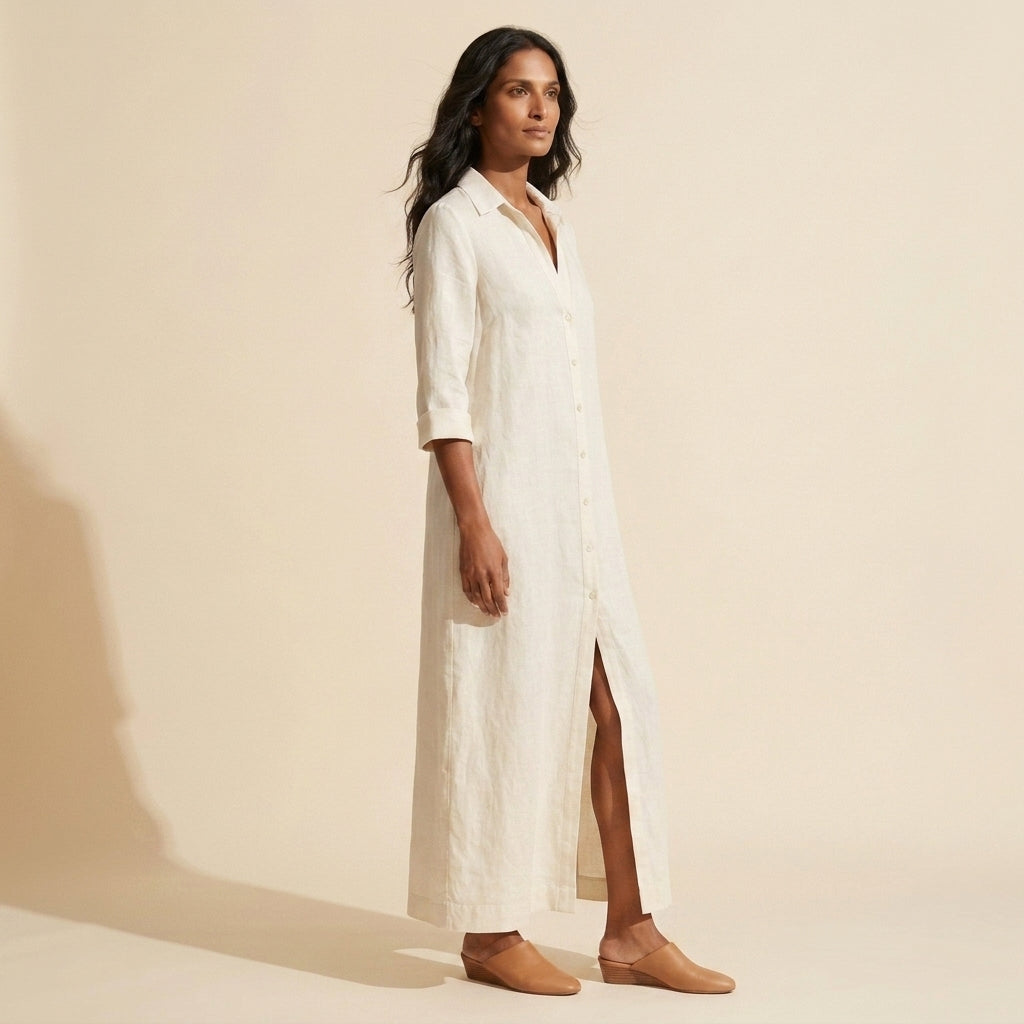 Women's Cotton Long Shirt Dress - Relaxed Maxi Fit — White