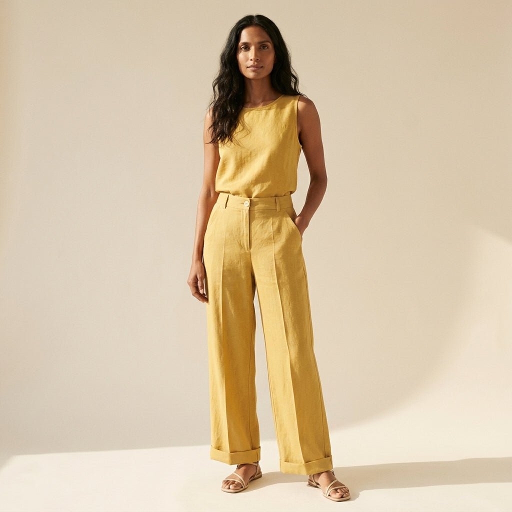 Women's Cotton Linen Wide Leg Pants - Relaxed Fit Trousers — Yellow