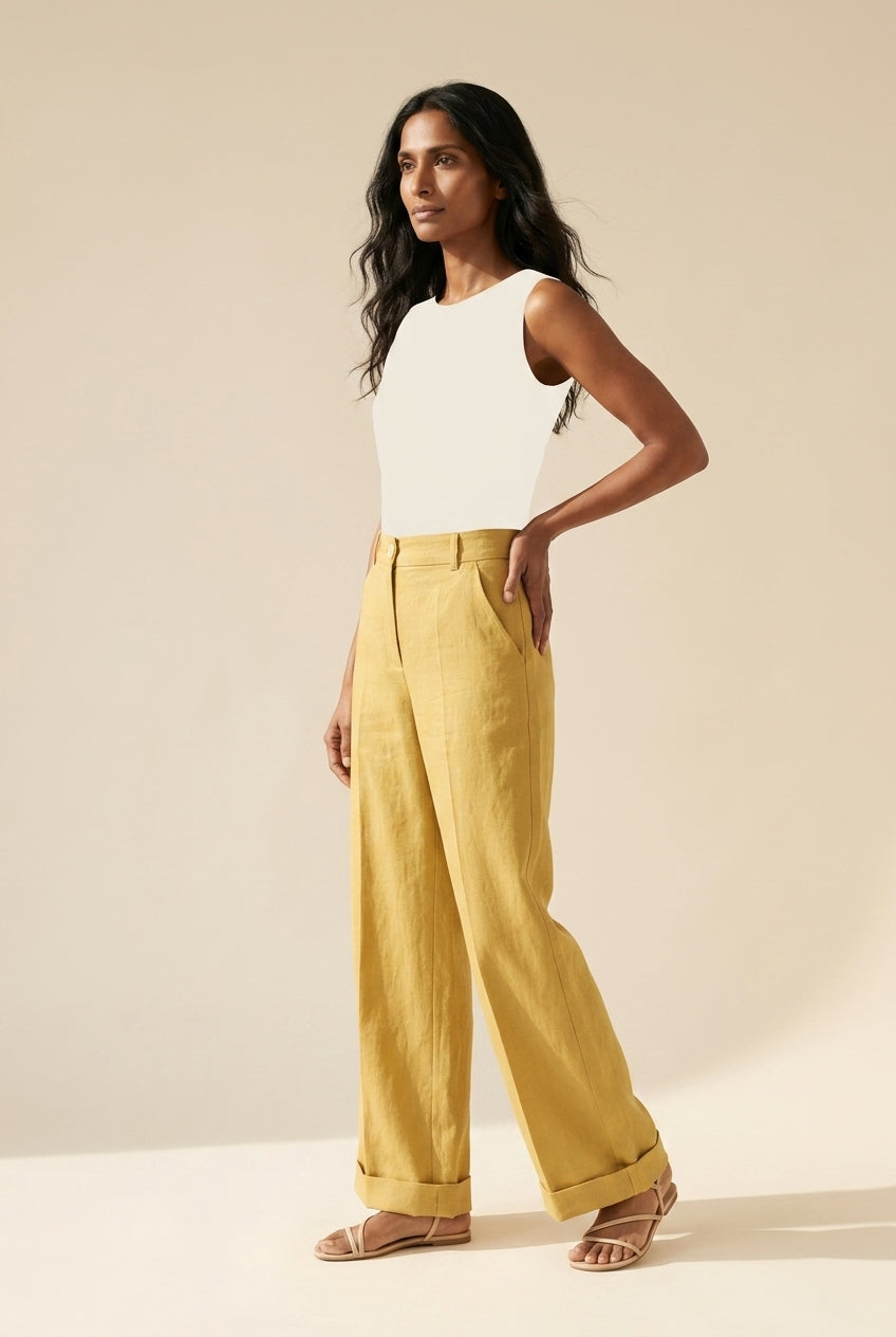 Women's Cotton Linen Wide Leg Pants - Relaxed Fit Trousers — Yellow