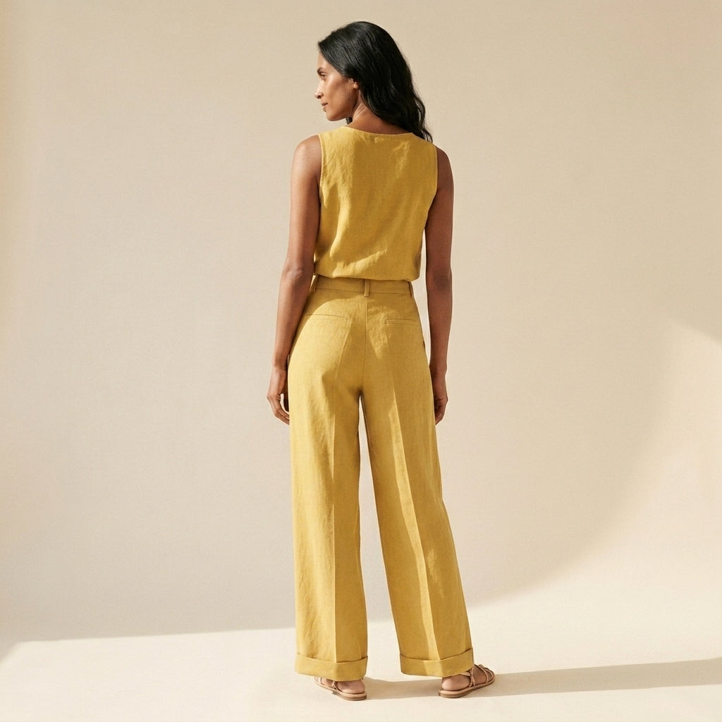 Women's Cotton Linen Wide Leg Pants - Relaxed Fit Trousers — Yellow