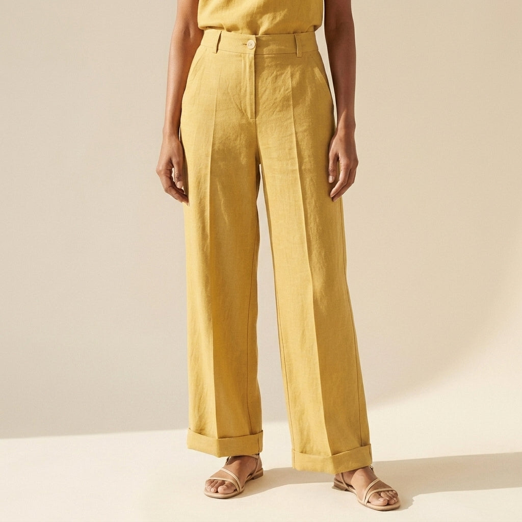 Women's Cotton Linen Wide Leg Pants - Relaxed Fit Trousers — Yellow