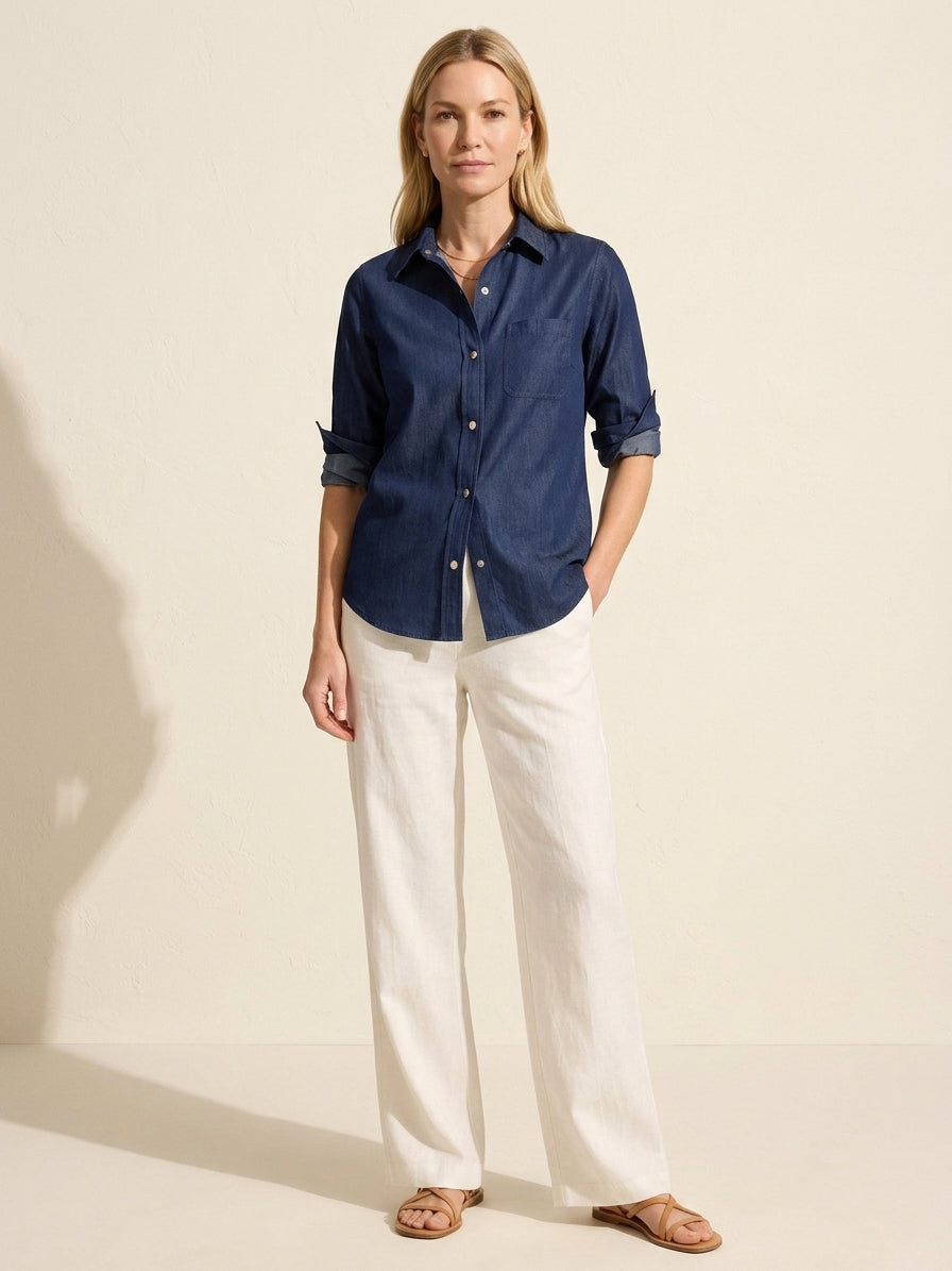 Drapey Denim Shirt | Soft Button-Front Blouse for Women — Blonde