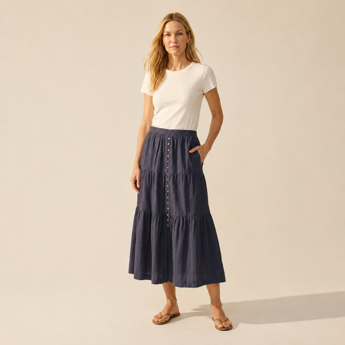 Women's Button-Through Skirt - Chic A-Line Midi Style — Blonde