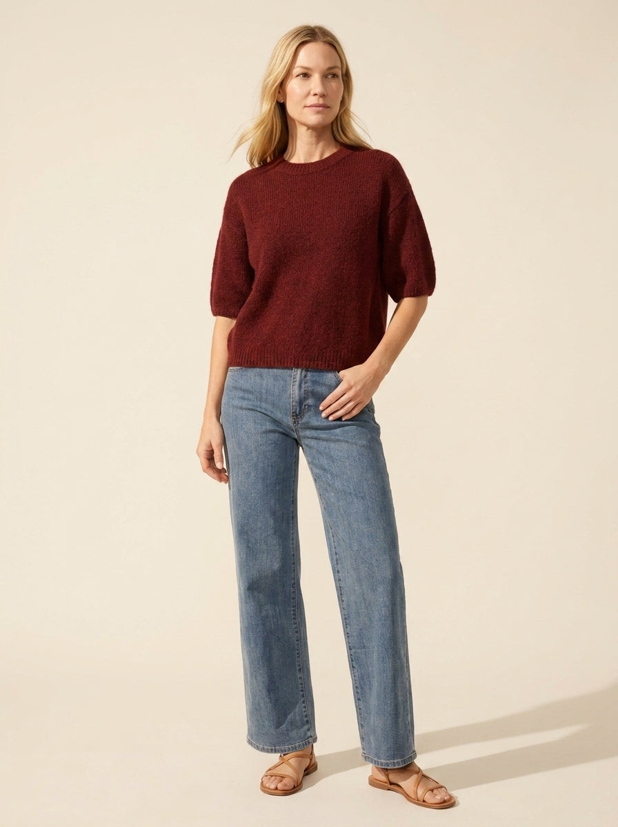 Heather Merlot Balloon Elbow Sleeve Knit Sweater – Soft & Cozy — Blonde