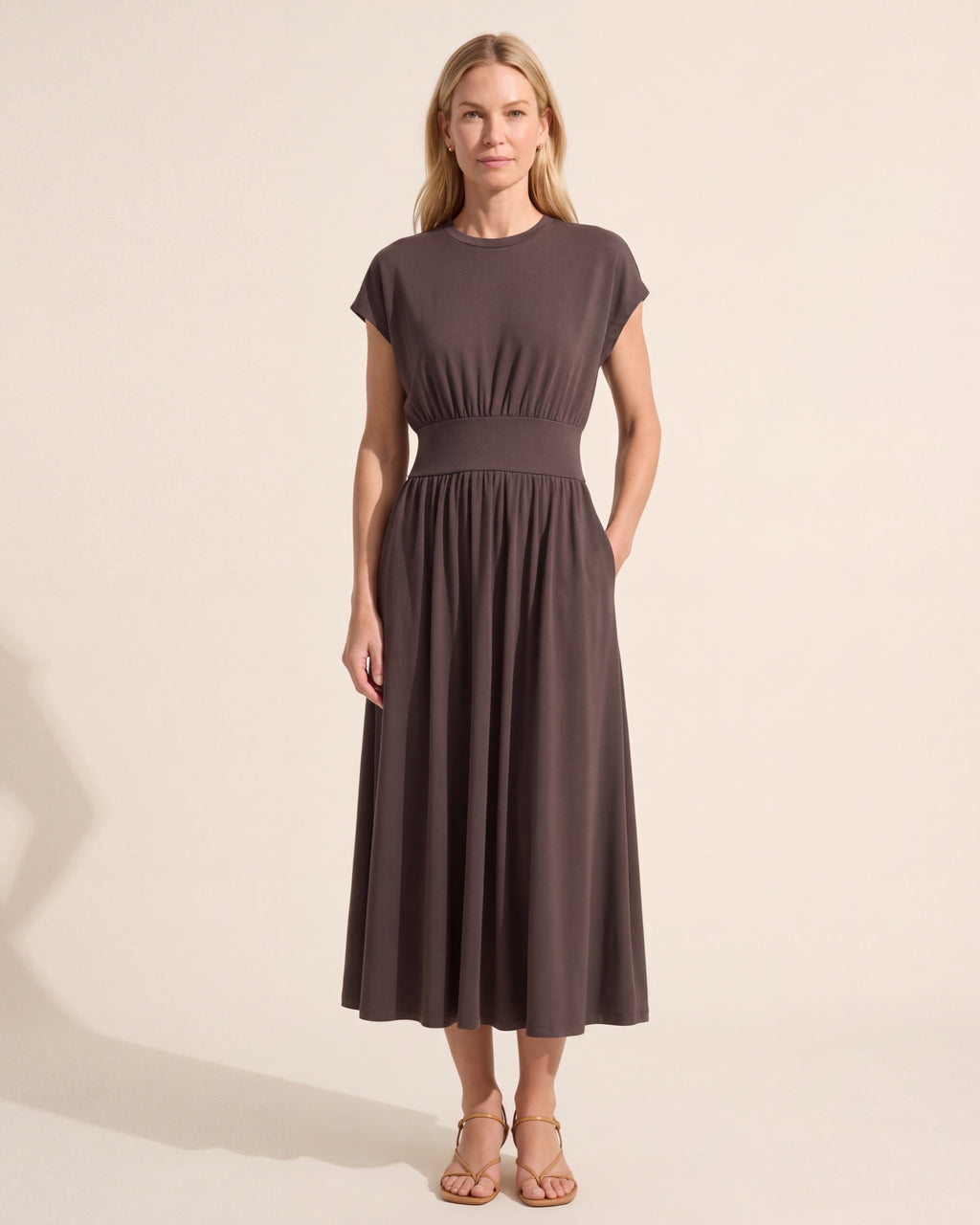 Prima Eco-Jersey Midi Dress – Flattering Fit & Pockets — Blonde