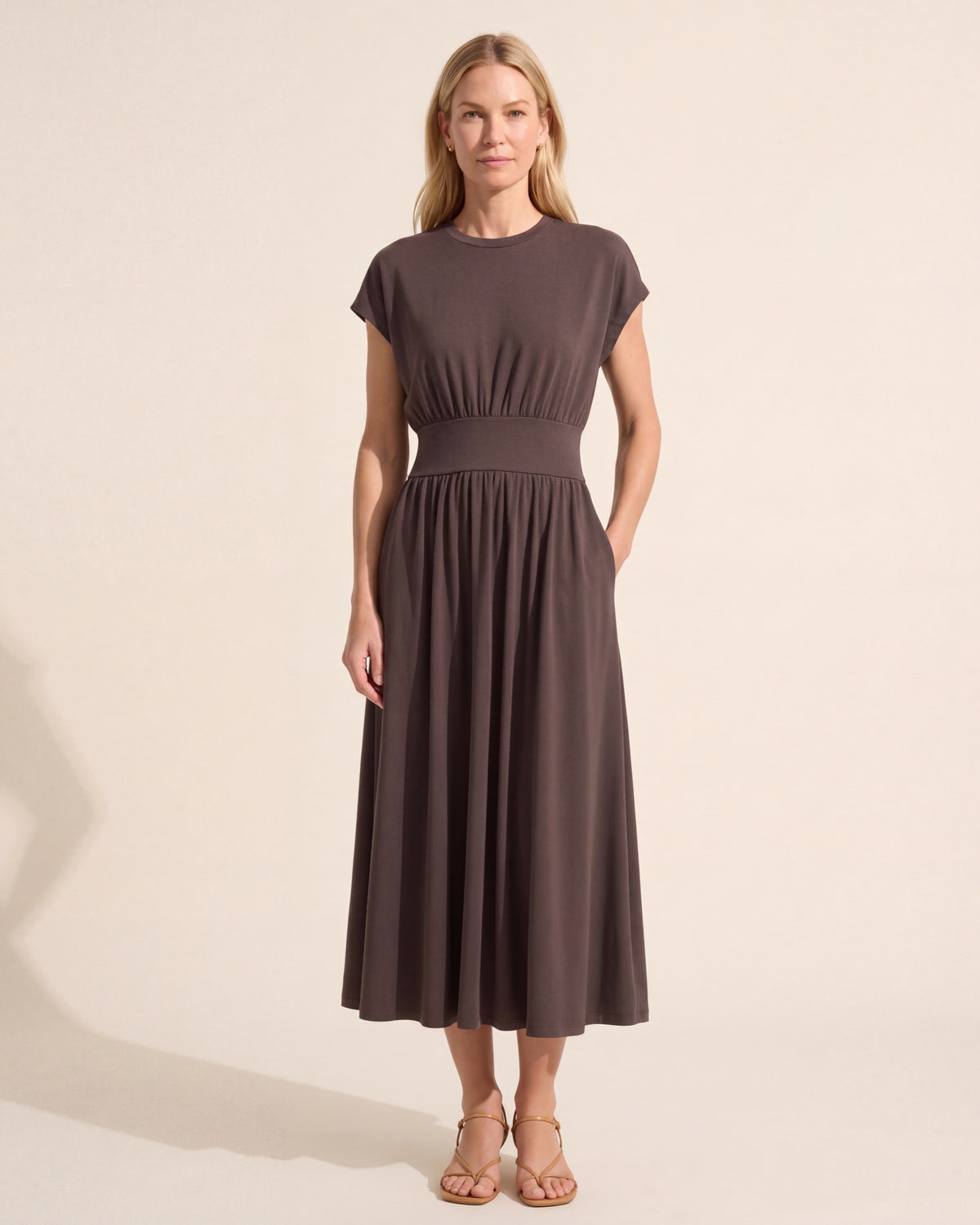 Prima Eco-Jersey Midi Dress – Flattering Fit & Pockets — Blonde