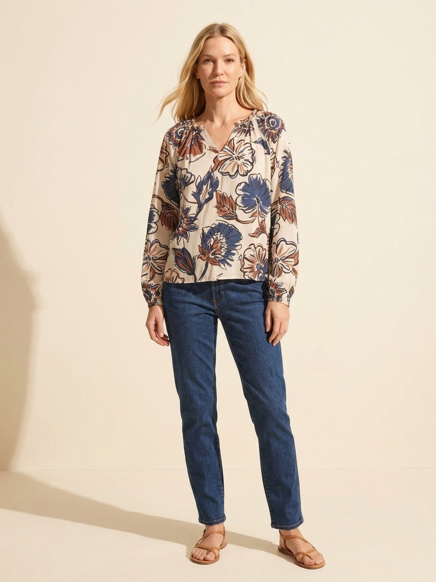 Women's Floral Print Popover Blouse | Soft Viscose Top — Blonde