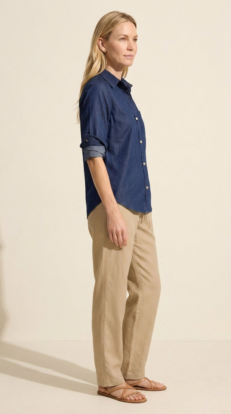 Drapey Denim Shirt | Soft Button-Front Blouse for Women — Blonde