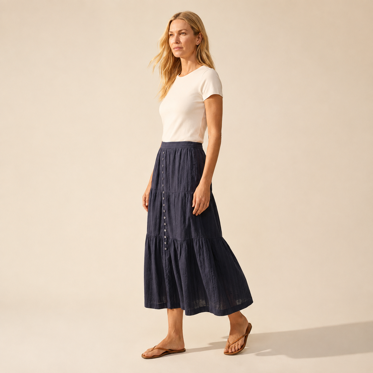 Women's Button-Through Skirt - Chic A-Line Midi Style — Blonde