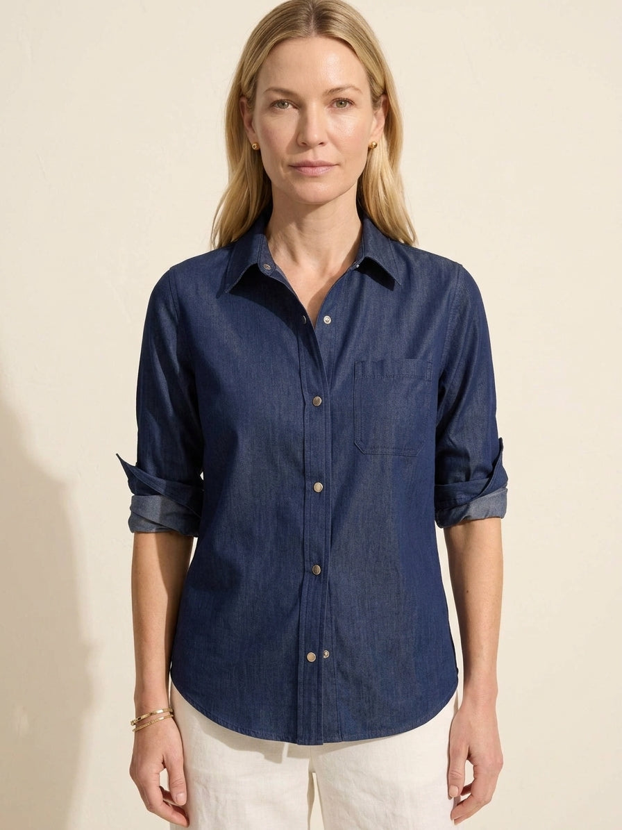 Drapey Denim Shirt | Soft Button-Front Blouse for Women — Blonde